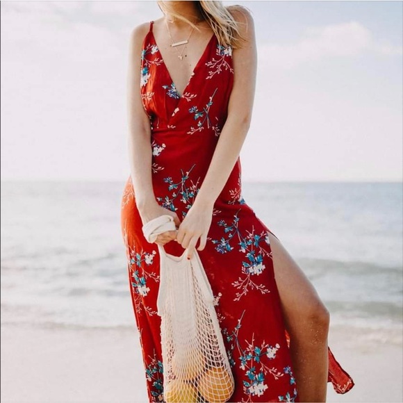 Adhira Aura Red Floral Maxi Dress w/Side Slits NWT - Picture 7 of 15